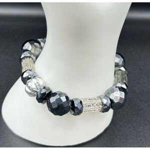 Vintage Bohemian Chic Black & Clear Beaded Bracelet Stretch Y2K 90s 2000s